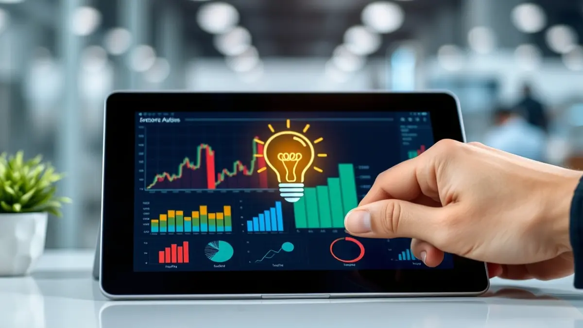 Irudi generikoa: Eskua bonbilla ikono bat tableta digital batean jartzen, negozio grafikoekin.