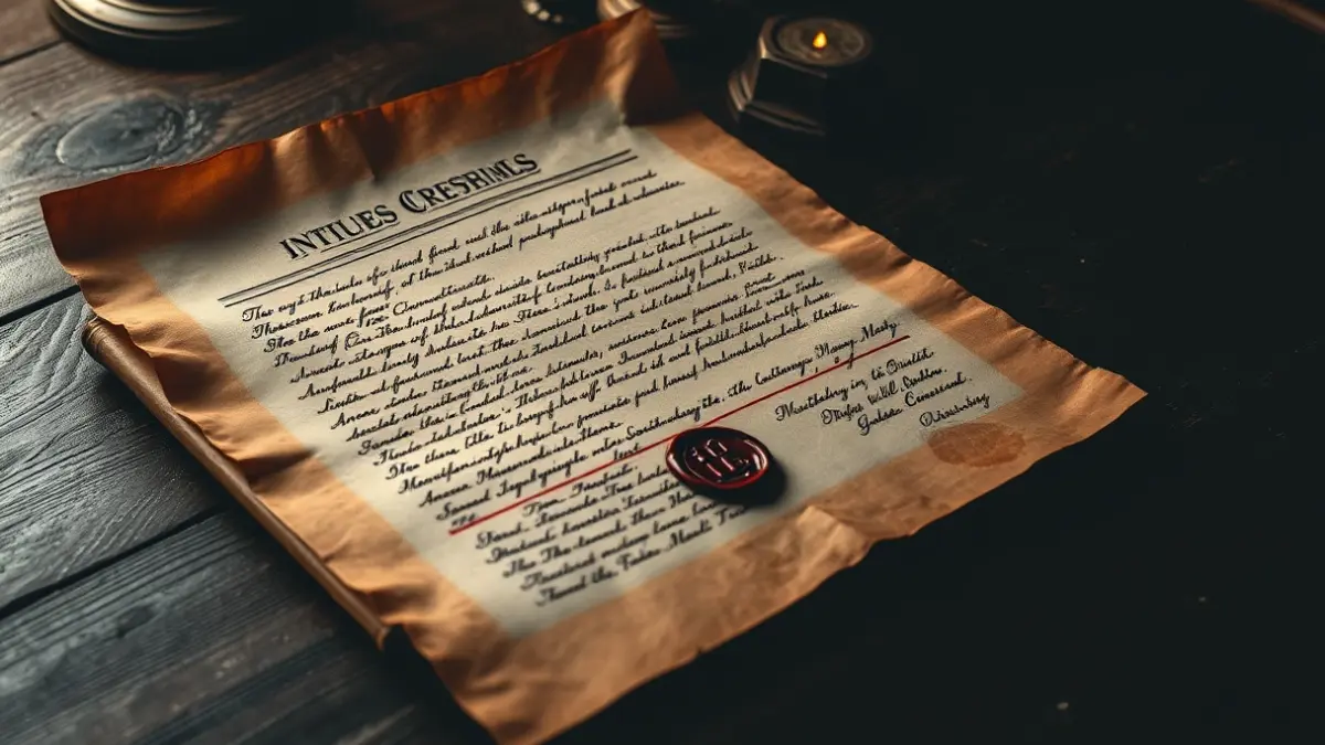 Irudi generikoa: Antzinako lege-dokumentu bat, kaligrafia dotorearekin eta argi historikoarekin.