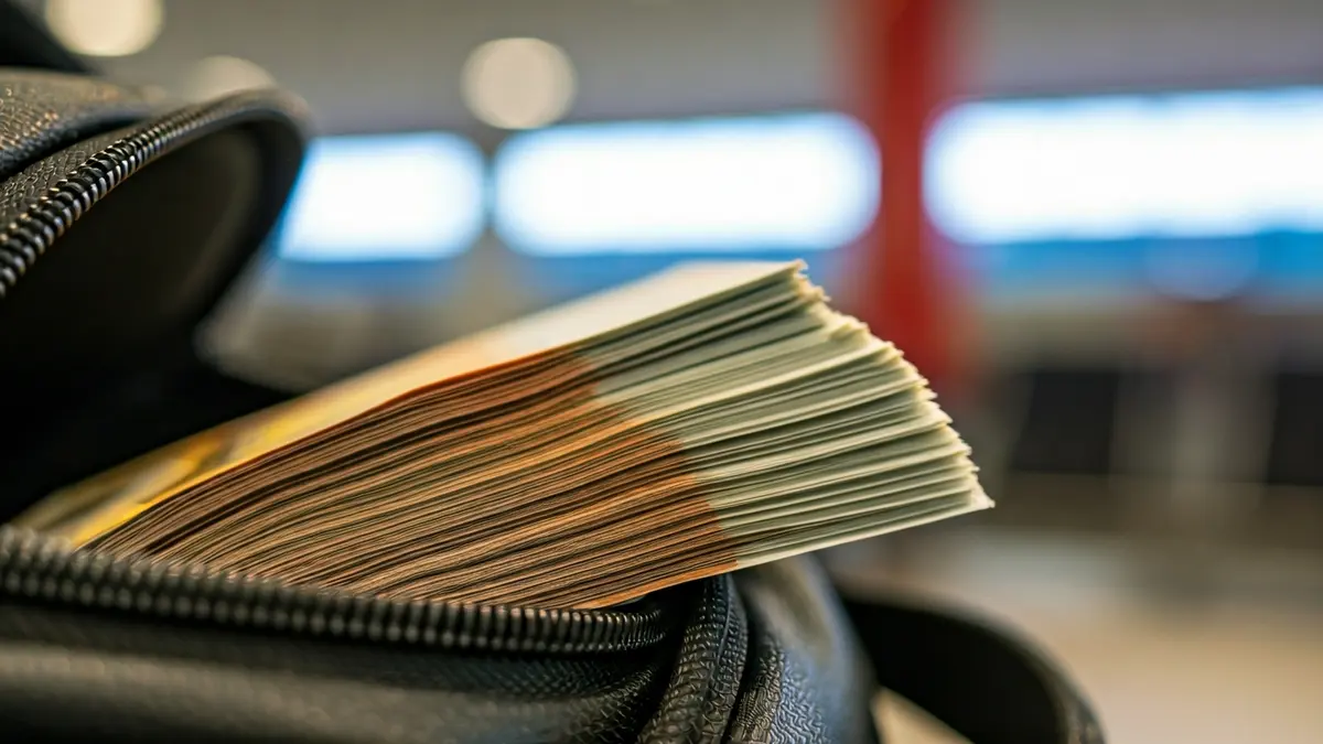 Stack of euro banknotes partially visible inside a travel bag, with a blurred airport terminal background.