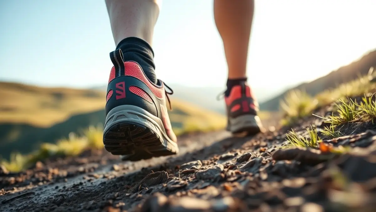 Imagen genérica de zapatillas de trail running en un sendero embarrado.