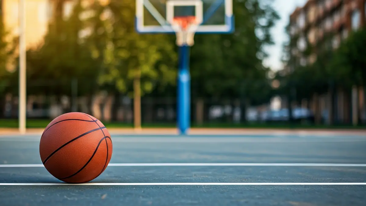 Saskibaloi kantxa baten irudi generikoa, 3x3 konfigurazioarekin eta baloi batekin.