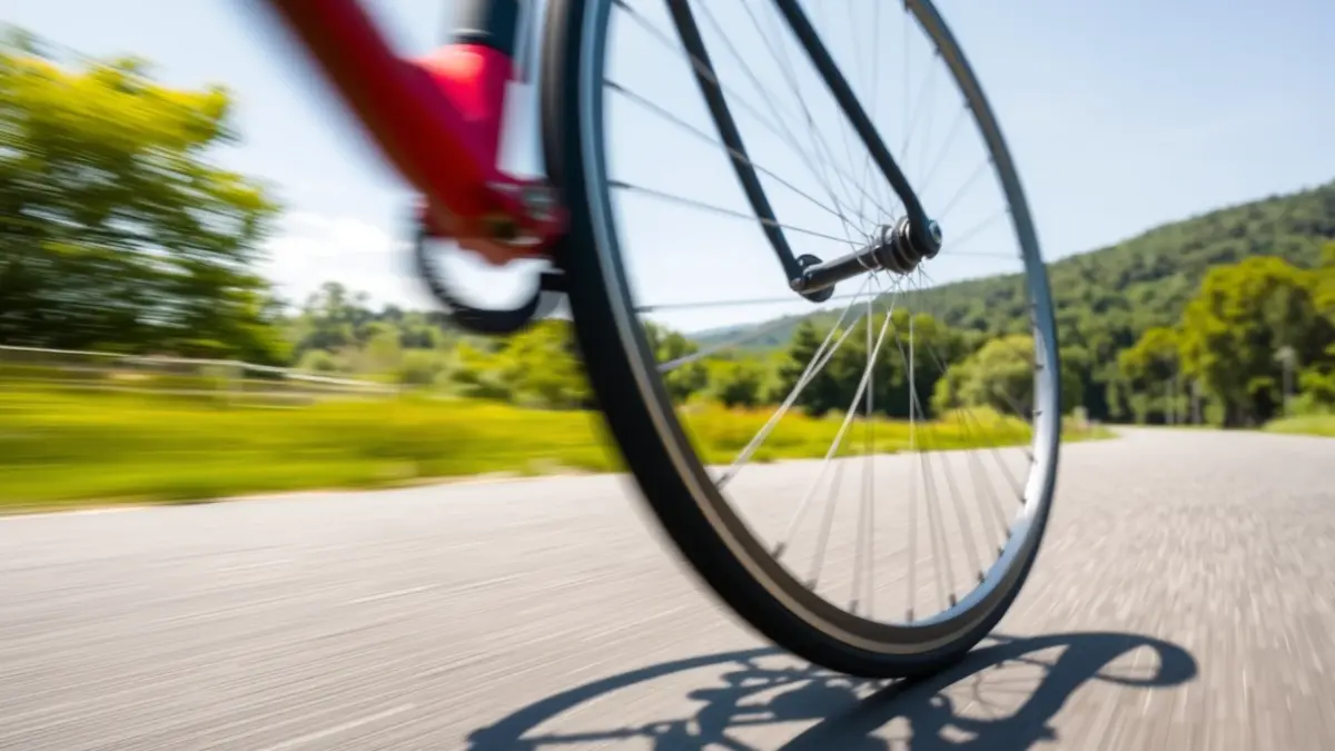 Generic image of a close-up of a bicycle wheel in a cycling race.