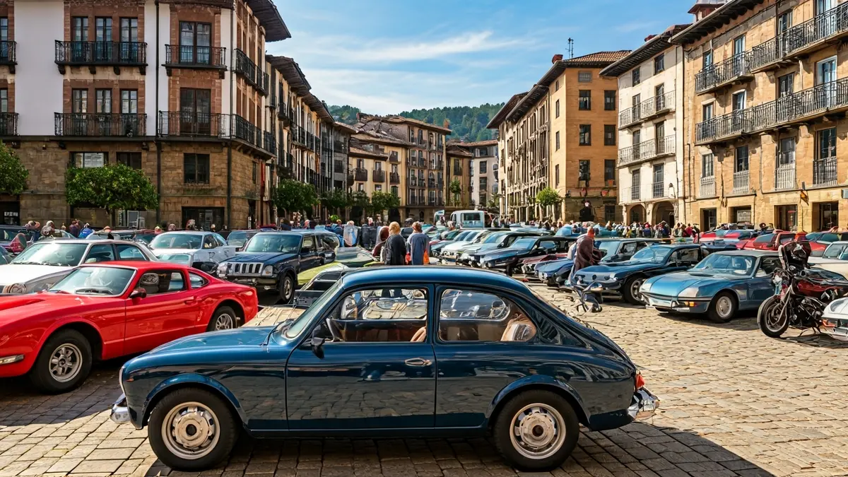Laudioko Aldai plazan bildutako auto eta moto klasikoen irudia, jendea ibilgailuak miresten.
