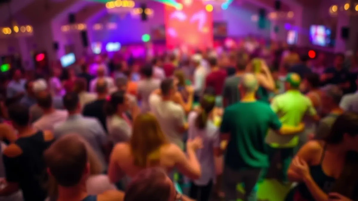 Irudi generikoa dantza ekitaldi bateko jende multzo lauso batekin, argi koloretsuekin.