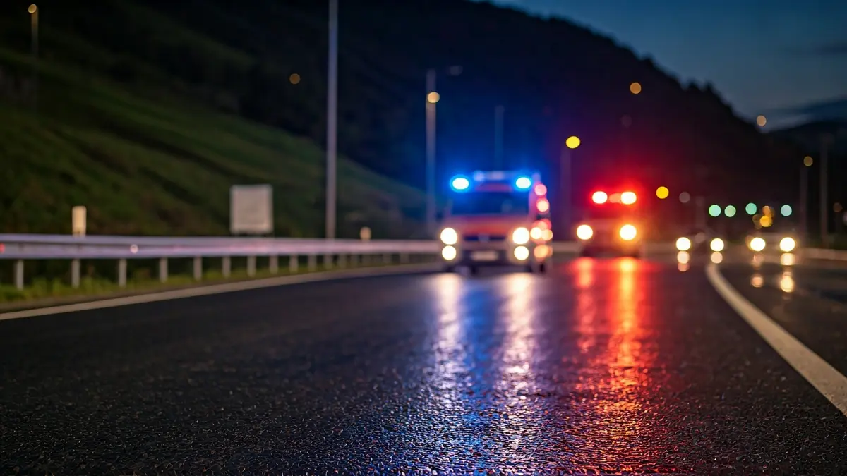 Generic image: Emergency lights reflecting on wet asphalt at night, in a rural Euskadi setting.
