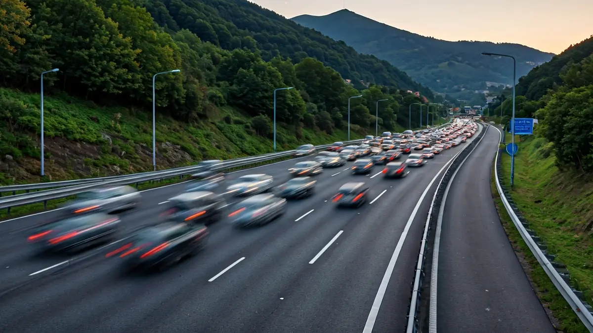 Imagen genérica de una retención de tráfico en una carretera, en un paisaje montañoso.