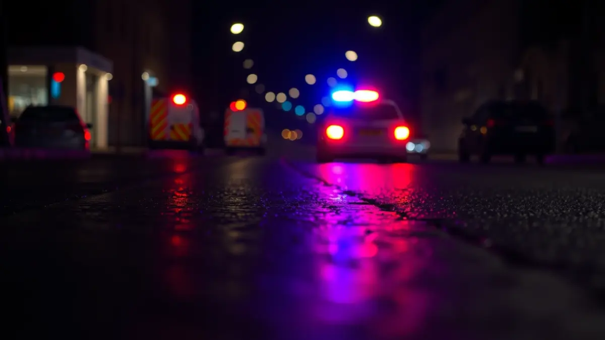 Imagen genérica de luces de emergencia reflejándose en asfalto mojado.