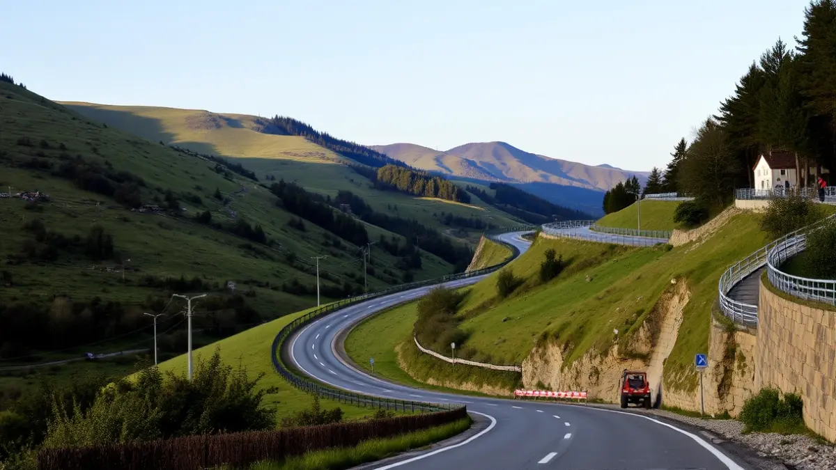 Generic image of road improvement works on the Atxarte road in Abadiño, amidst green mountains.