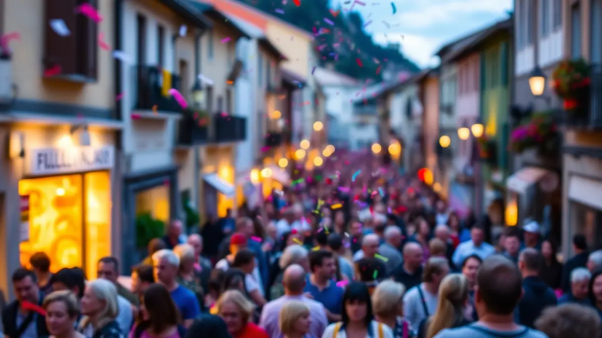 Generic image of a festive street with people and confetti in the air.