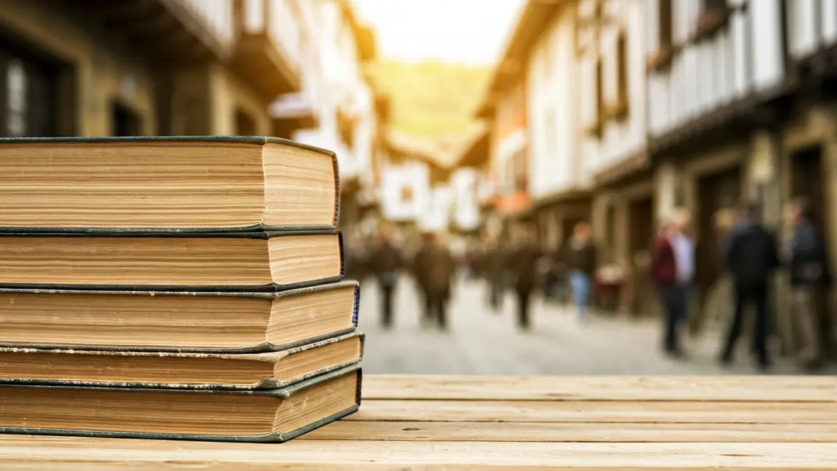 Stack of old books on a wooden table, with a blurred background of a traditional Basque village, evoking history and memory.