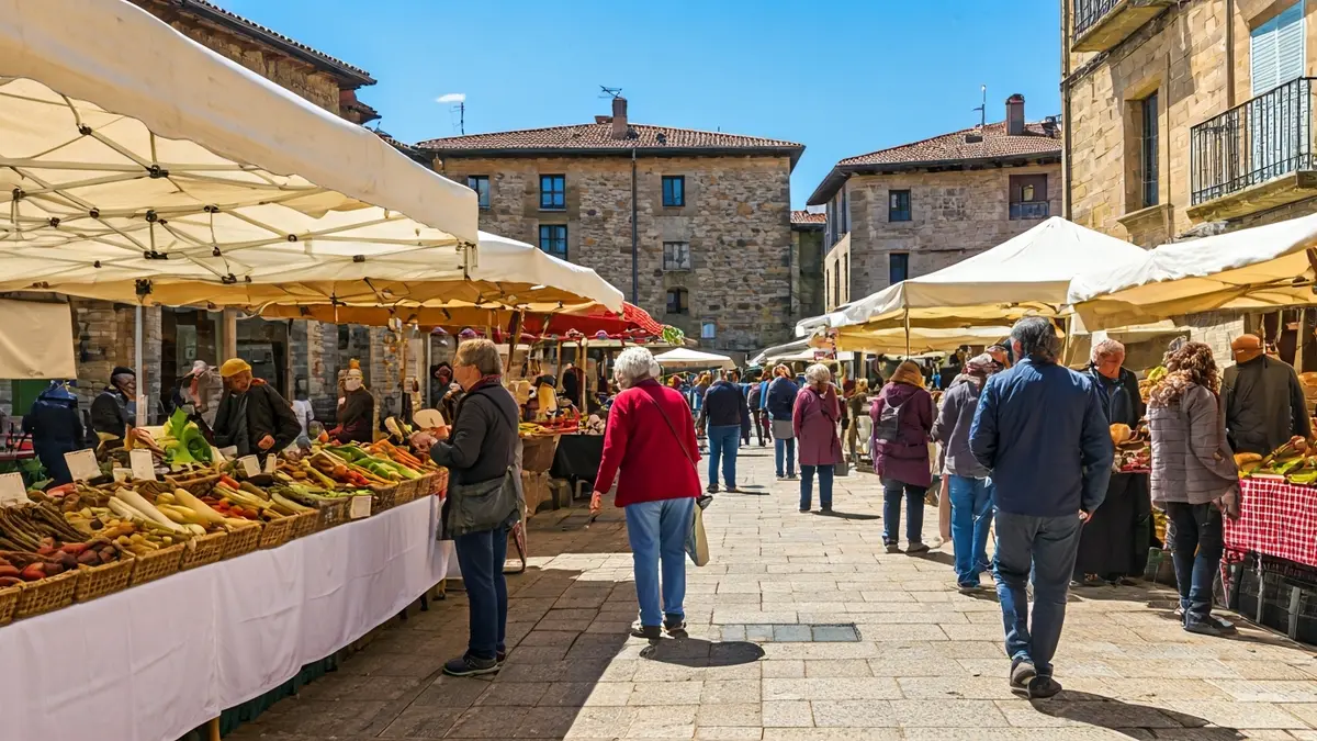 Irudi generikoa Abadiñoko azoka batekoa, produktu freskoak eta eskulanak erakusten.