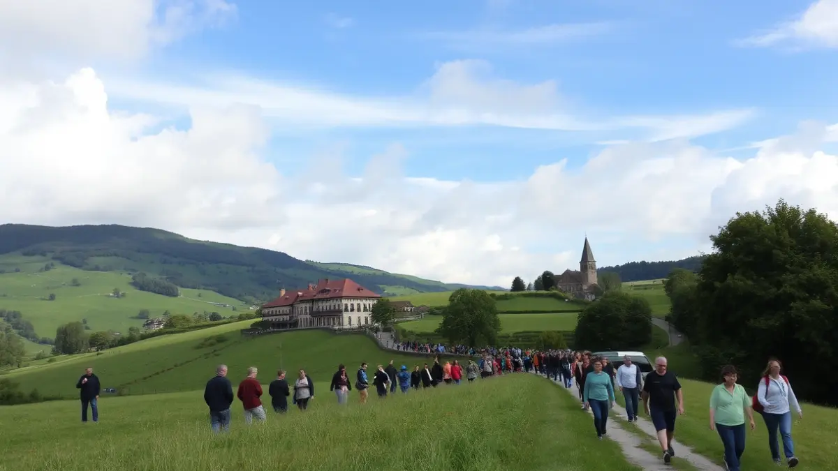 Irudi generikoa Abanto-Zierbenako Herri Martxan parte hartzen duten pertsona talde batena, paisaia berde batean.