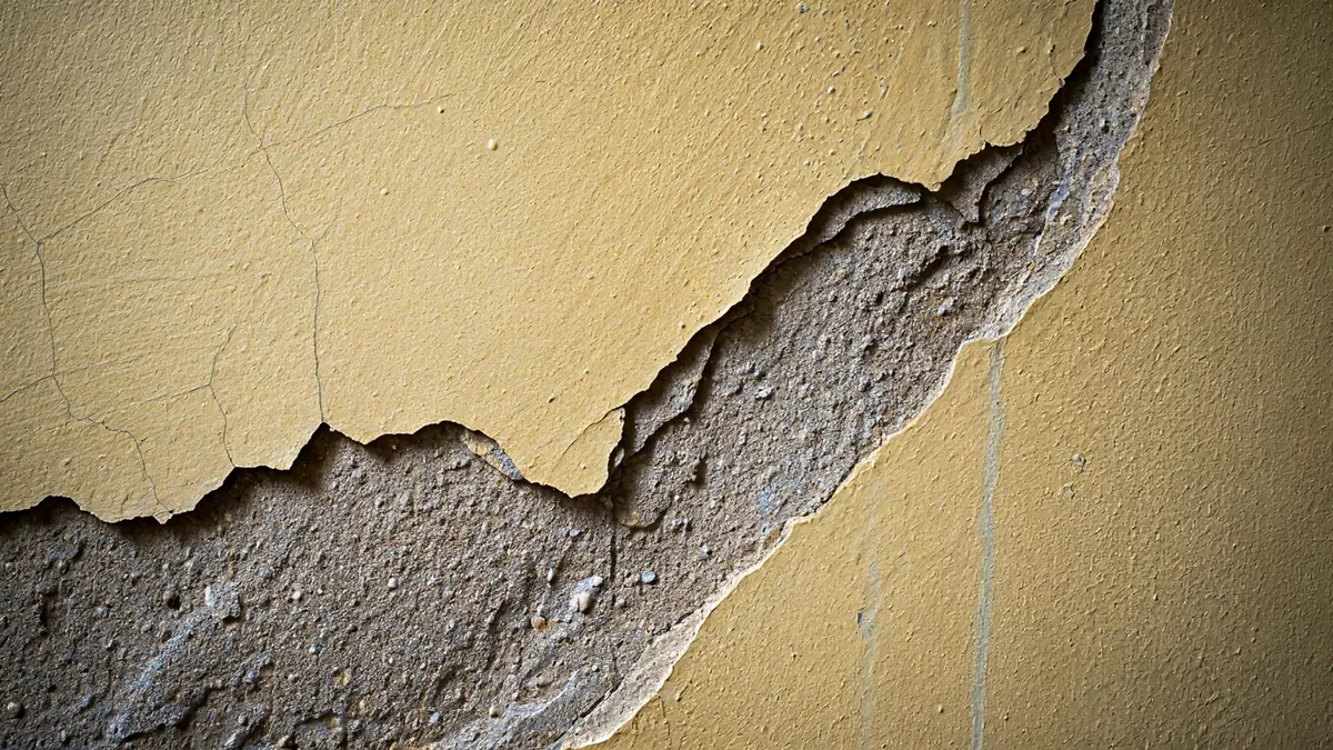 Hormako hezetasun eta pitzadura baten irudi generikoa, Abantoko Peñucas auzoko etxebizitzetan izandako kalteak irudikatuz.