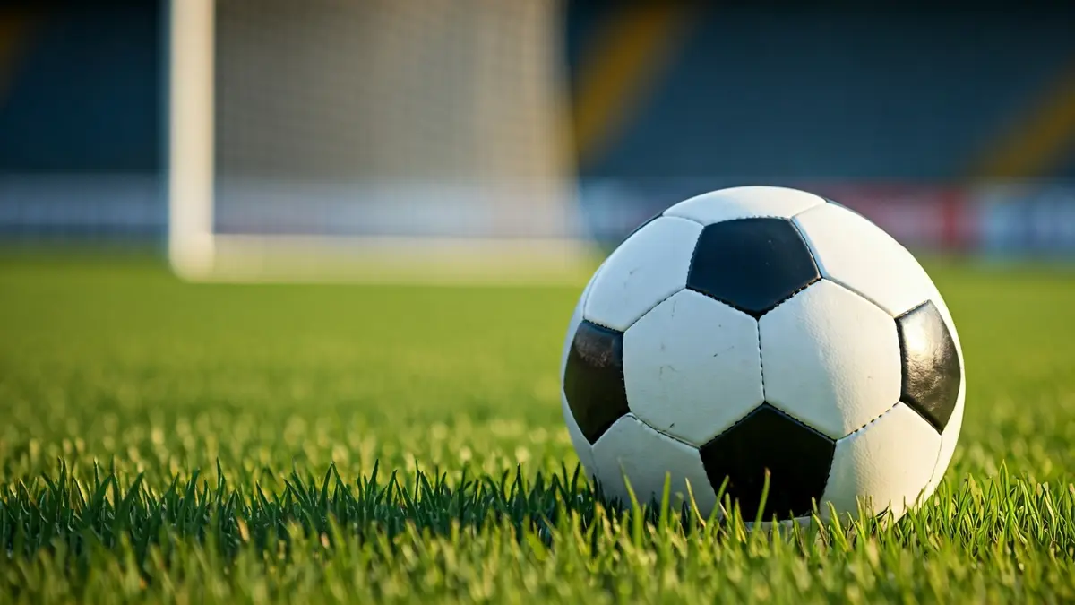 Generic image of a soccer ball on a field, with a blurred goal in the background.