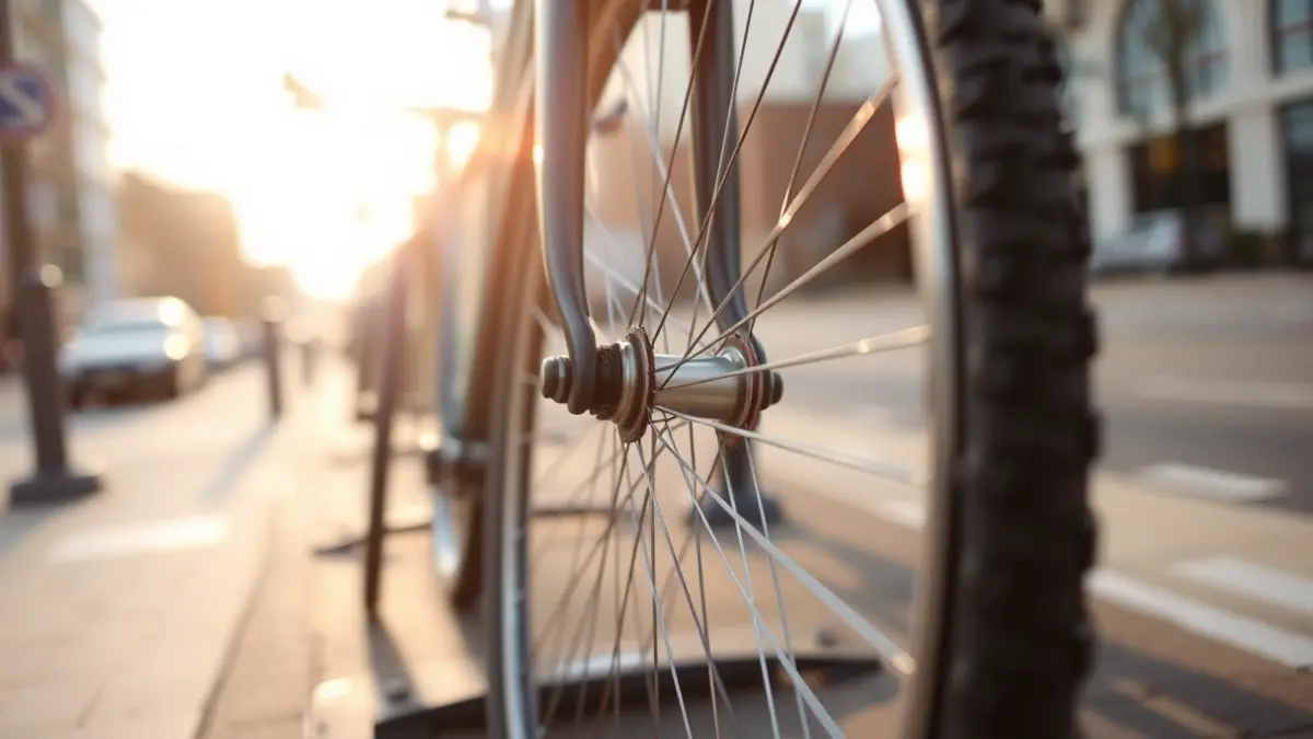 Generic image of a bicycle wheel with a damaged spoke, parked at a public bike station, with a blurred urban background.