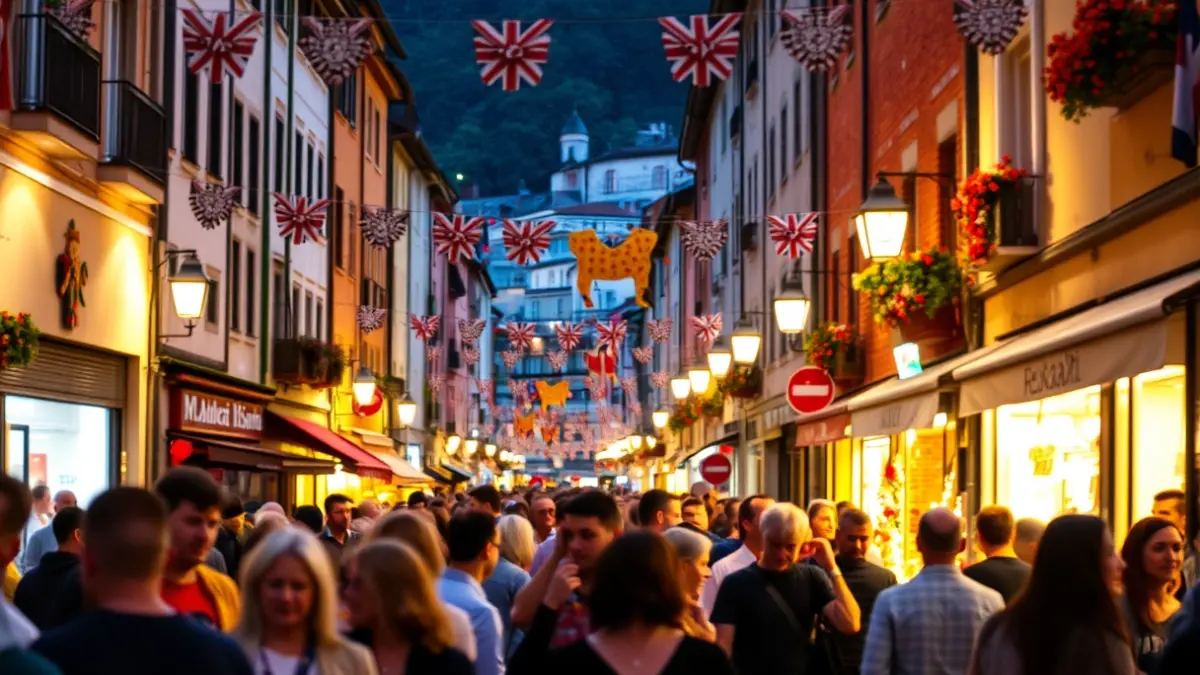 Irudi generikoa auzoko jai girokoa, jendearekin eta argi koloretsuekin.