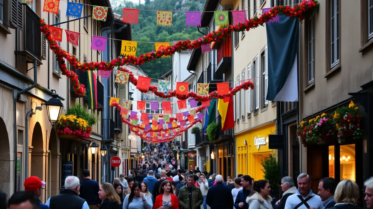 Festive atmosphere at Abetxuko's celebrations, with colorful banners and people.