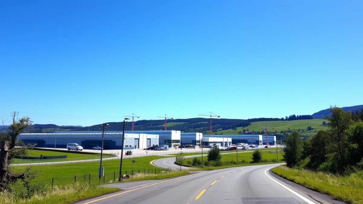 Generic image of an industrial park with modern logistics warehouses under construction, cranes in the background.