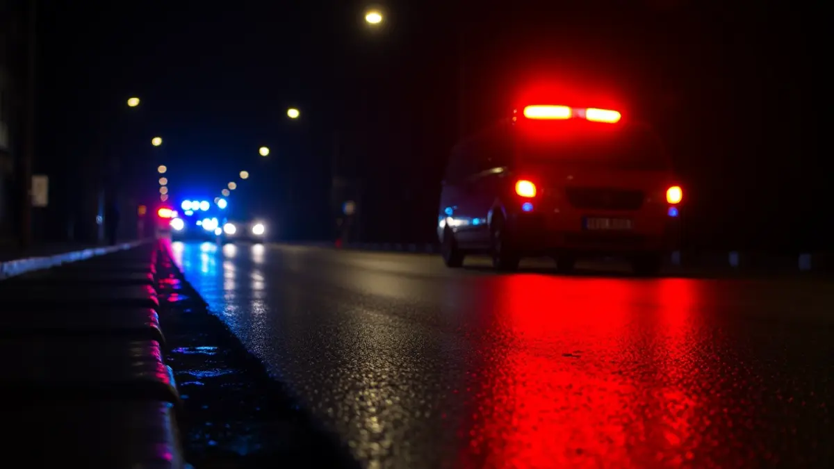 Imagen genérica de luces de emergencia azules y rojas reflejándose en asfalto mojado por la noche, en un entorno urbano de Euskadi.
