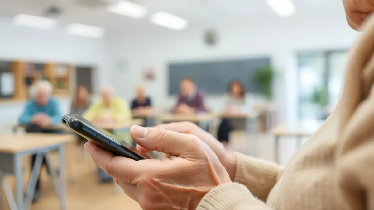 Hands of an elderly person holding a smartphone, in a technology workshop.