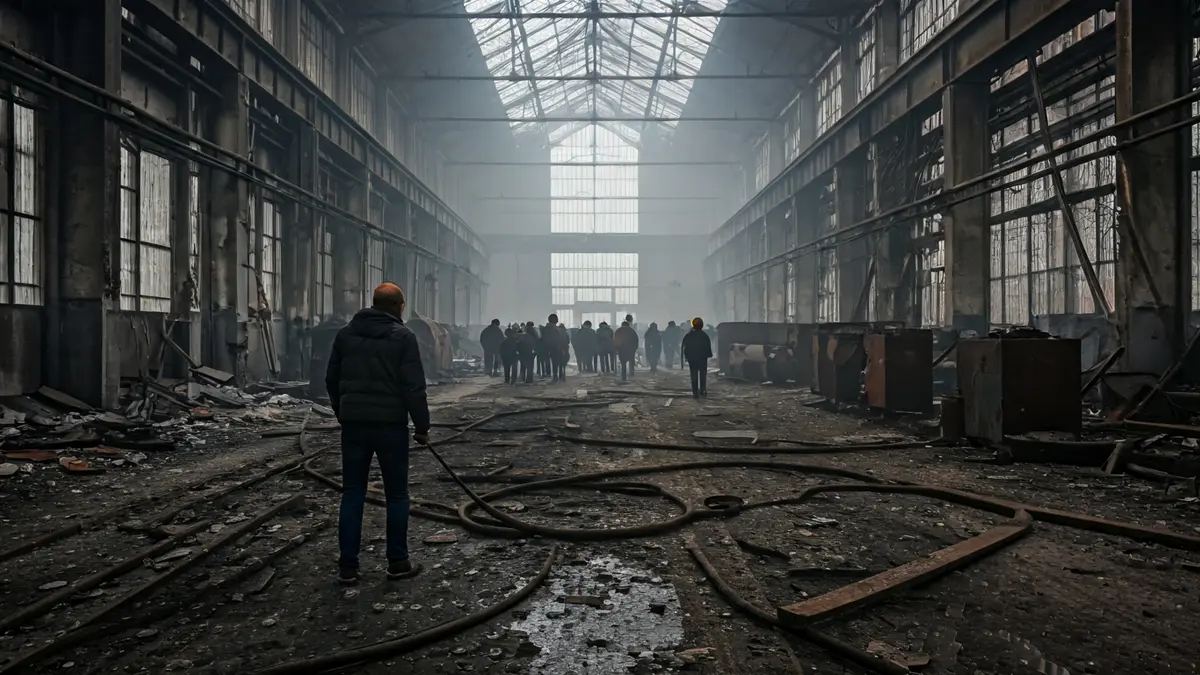 Aernnova factory's paint unit destroyed by fire, with smoke and water damage.