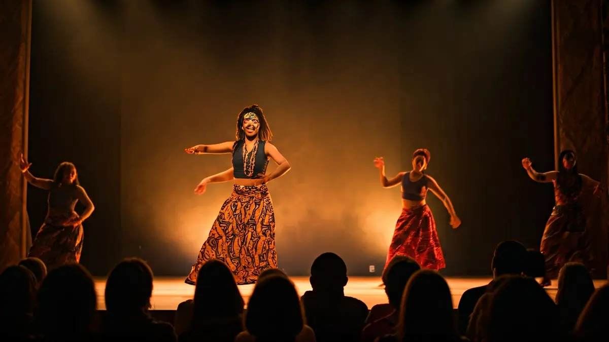 Generic image of women dancing on a stage with warm lighting.