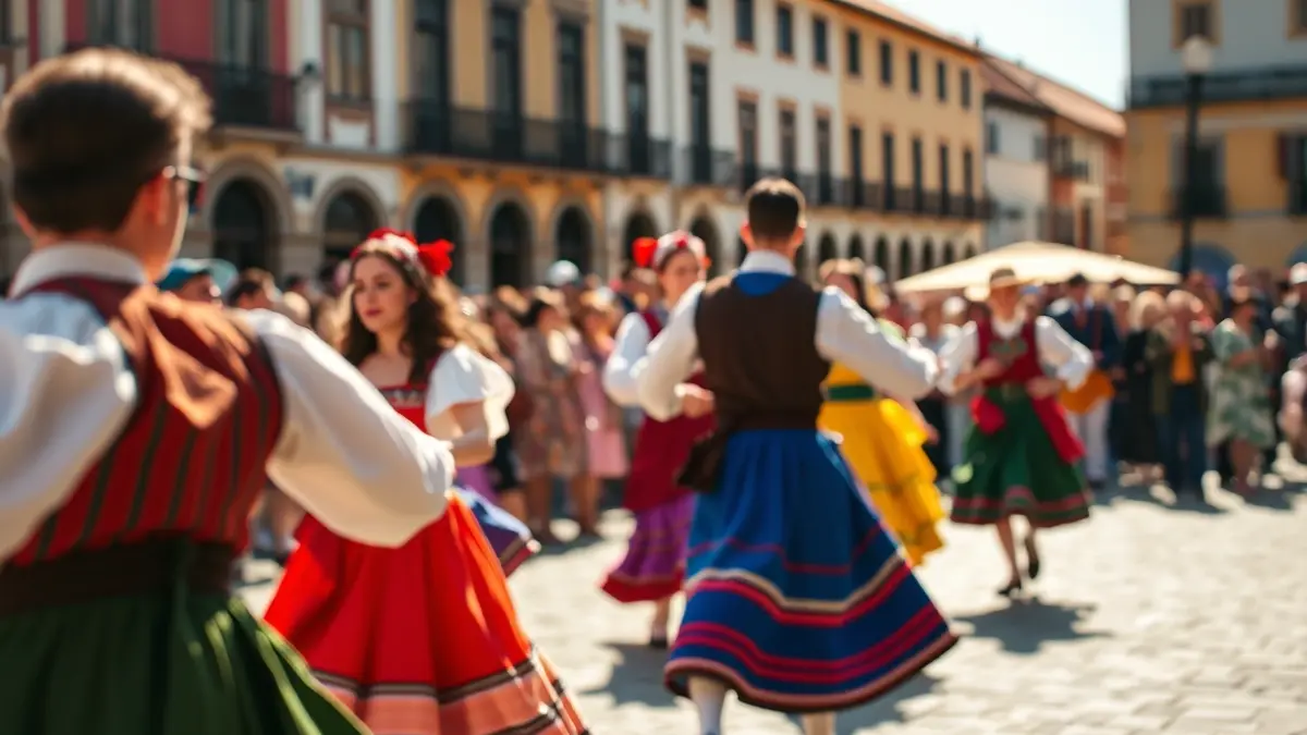 Traditional Basque dancers performing in Agurain's town square.