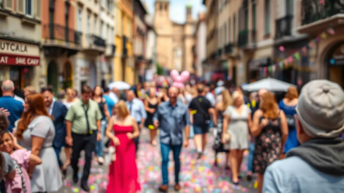 Irudi generikoa: Kale giro bizia, ospakizun giroan, konfeti koloretsuekin lurrean.