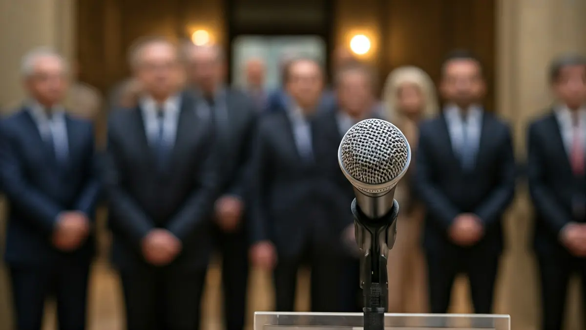 Generic image of a microphone on a podium, suggesting a press conference.
