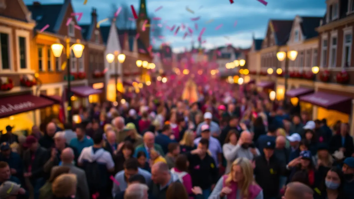 Imagen genérica de ambiente festivo, con gente y confeti de colores al anochecer.