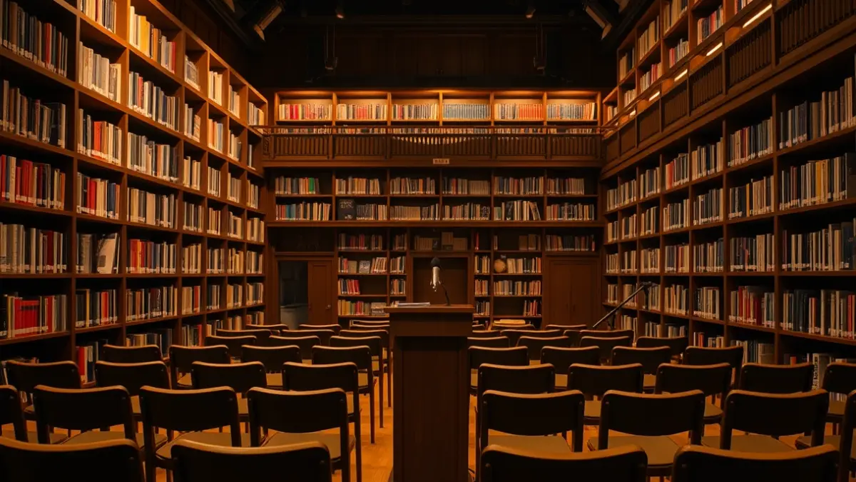 Imagen genérica de un interior de biblioteca con un micrófono y sillas vacías.