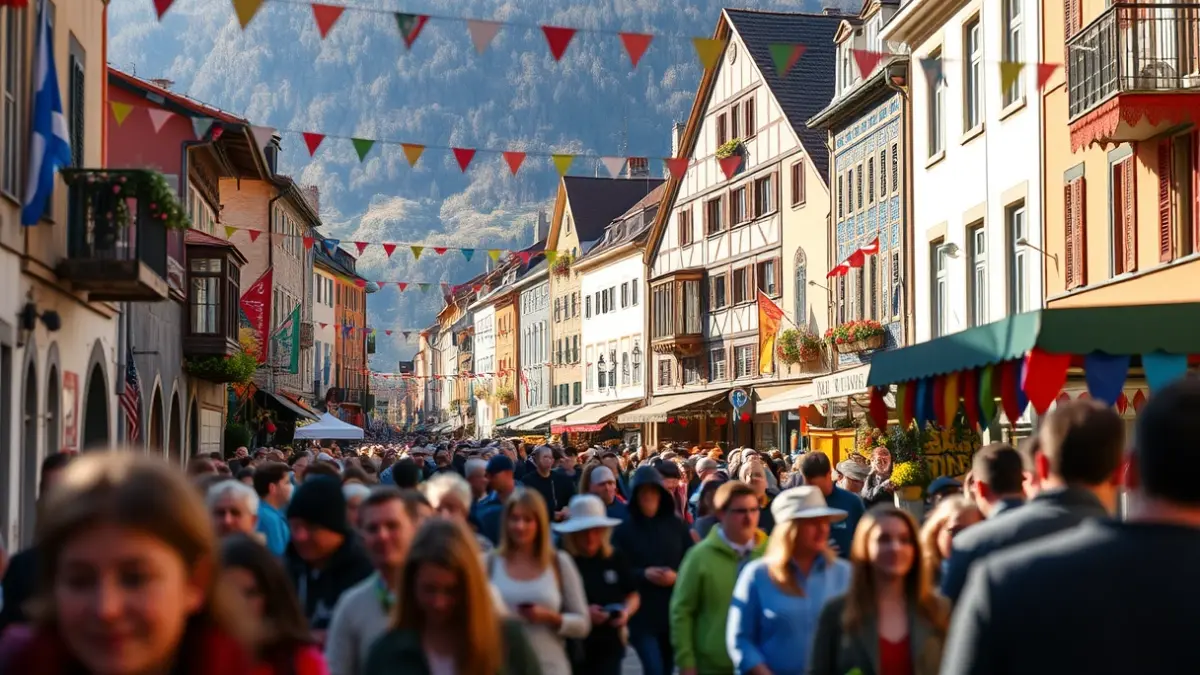 Udaberriko jaietako irudi bat, jendearekin eta dekorazio koloretsuekin.