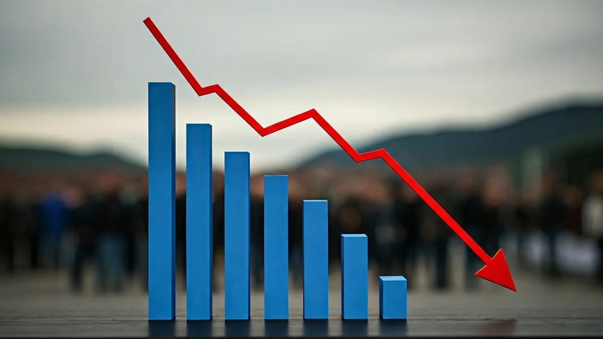 Irudi generikoa: beherakada ekonomikoa adierazten duen grafikoa, industria-paisaia lauso baten aurrean.