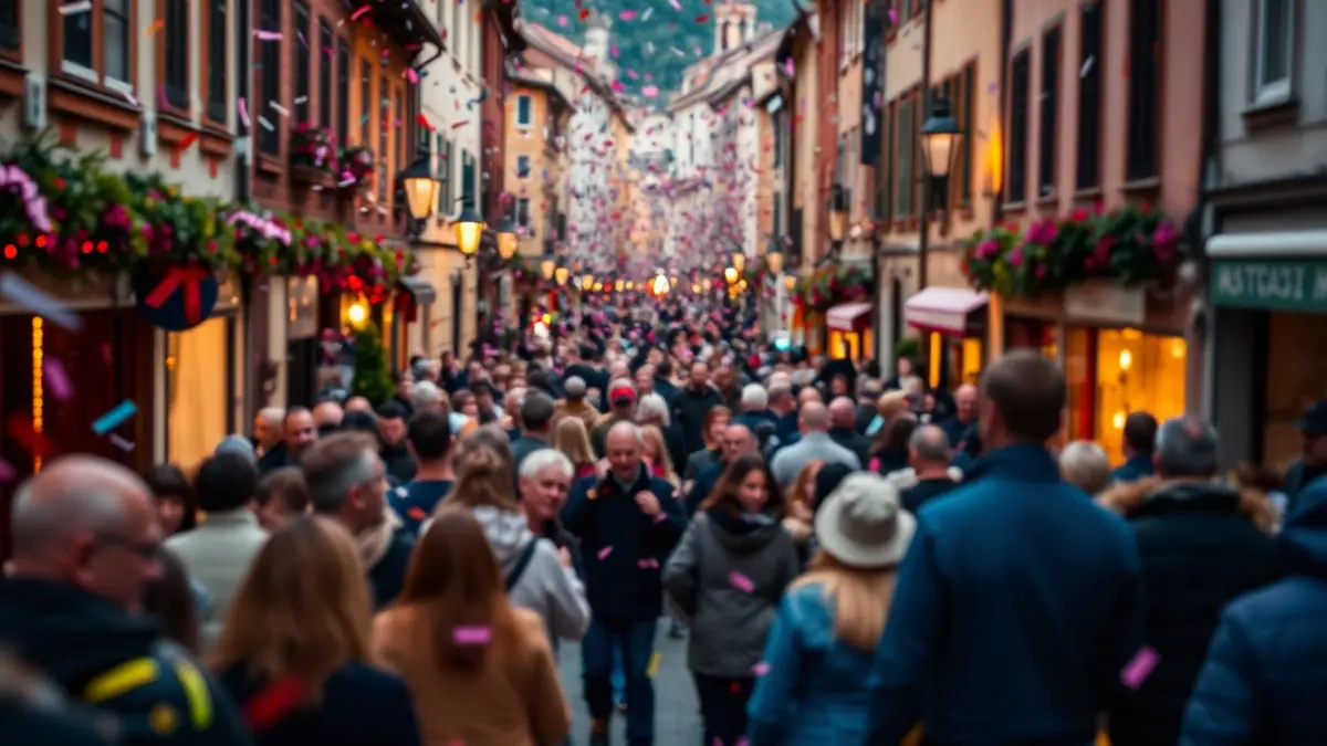 Generic image of a festive street scene with confetti and colorful lights.