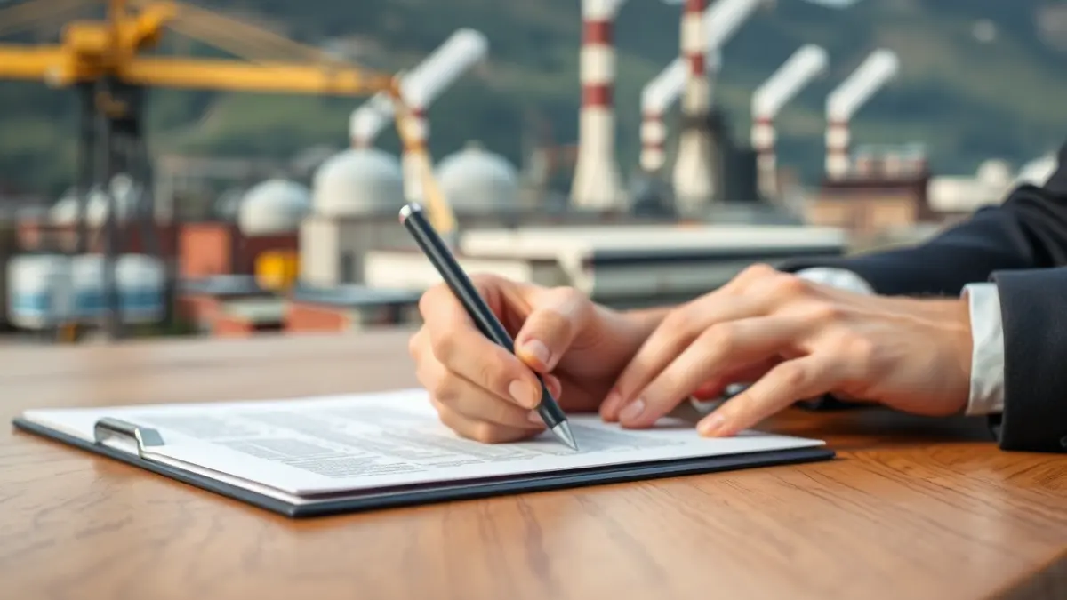 Hands signing a document, with industrial buildings in the background.