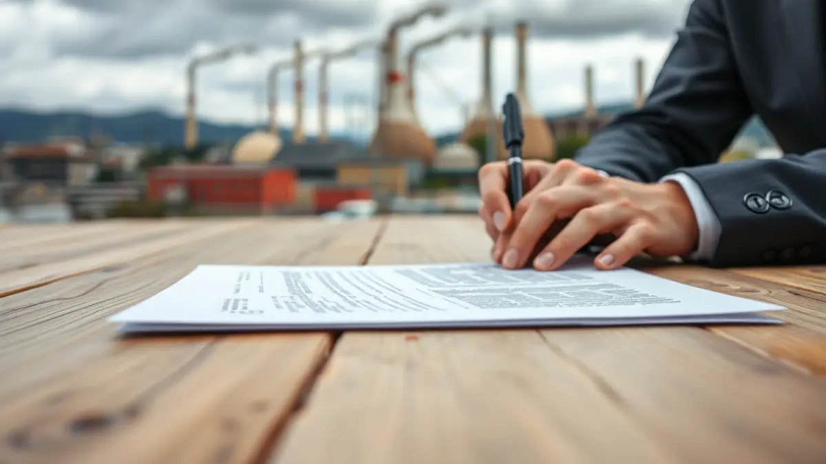 Generic image of hands signing a document, with blurred industrial buildings in the background at a meeting.