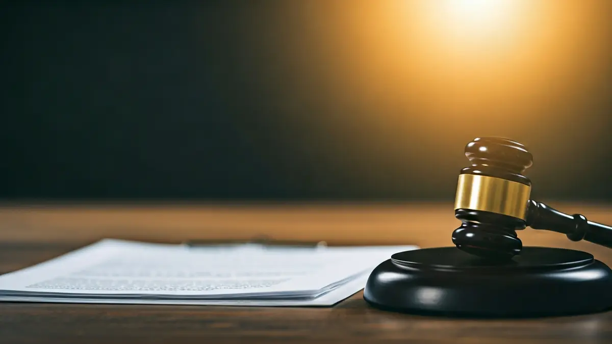 Irudi generikoa, dokumentu legal bat eta mailu bat mahai baten gainean, argi epelarekin.