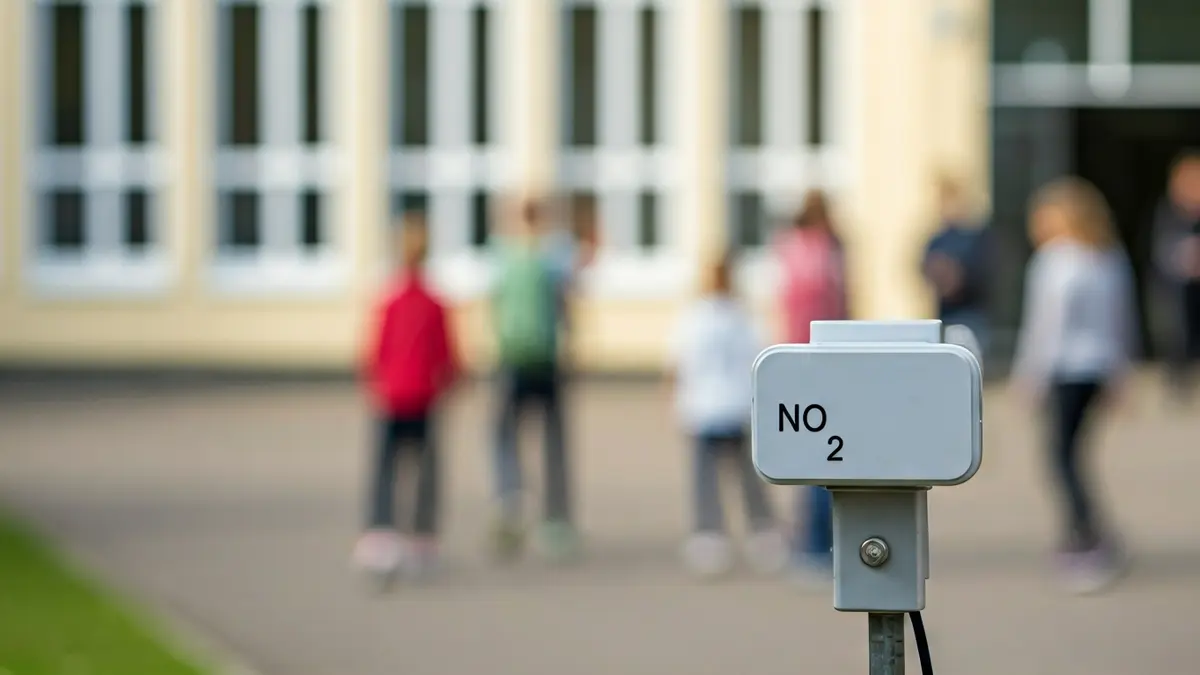 Irudi generikoa airearen kalitatea neurtzeko gailu batena, eskola baten ondoan.