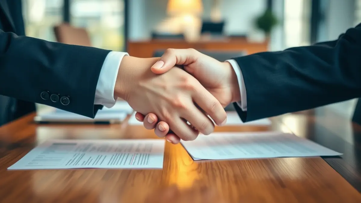 Generic image of two hands shaking over a desk, symbolizing negotiation.