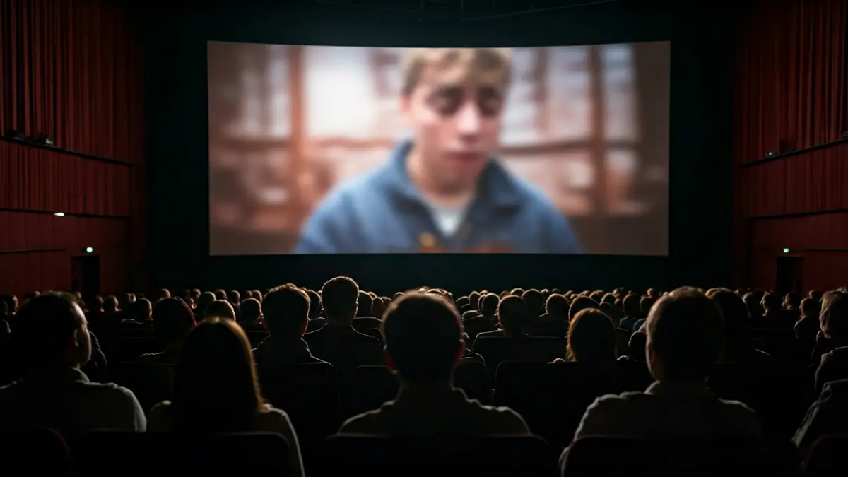Generic image of a cinema hall interior, with a blurred screen and silhouettes of audience members.