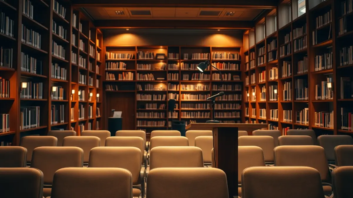 Generic image of a library interior with a microphone and empty chairs.