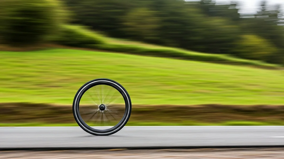 Irudi generikoa txirrindulari baten gurpilaren hurbileko plano bat errepidean.