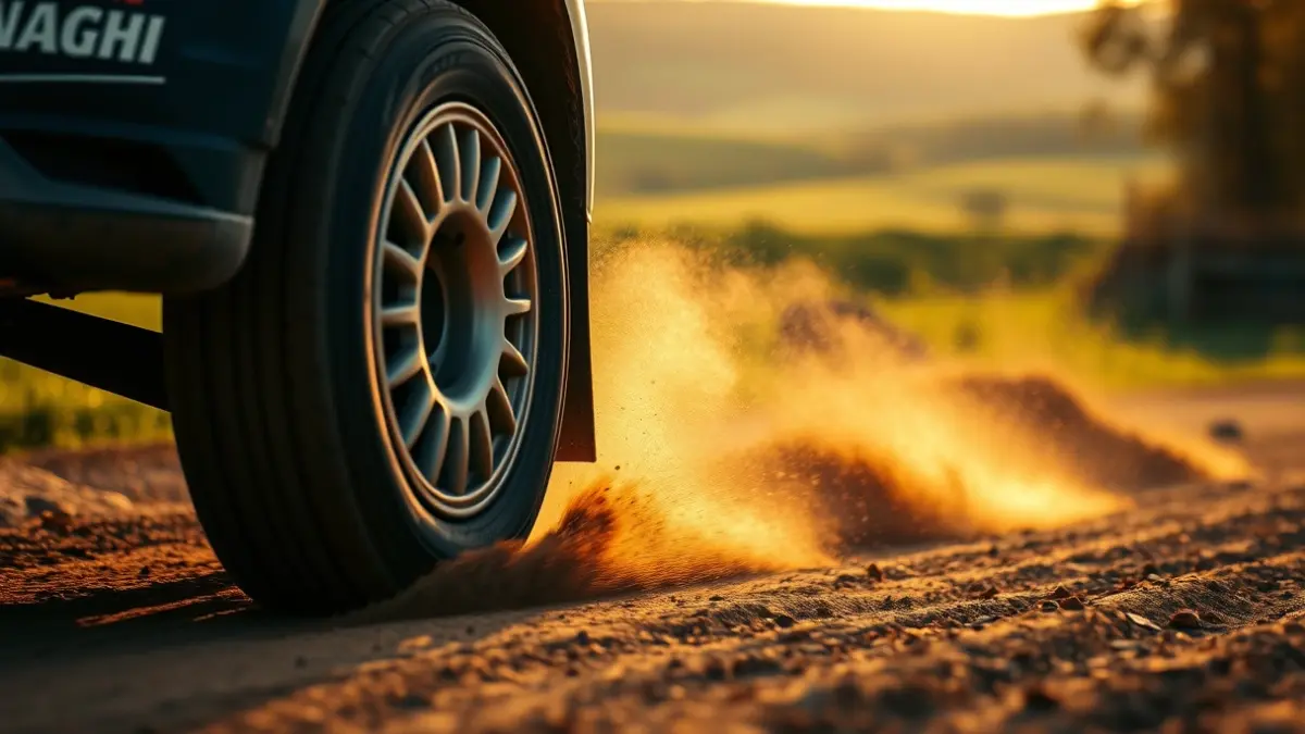 Irudi generikoa rally auto baten gurpilaren, zikinkeria altxatzen.