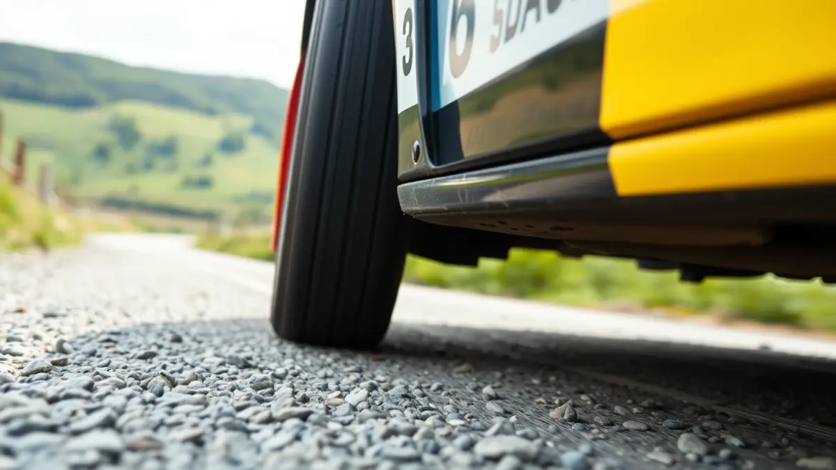 Generic image of a rally car tire on a gravel road.
