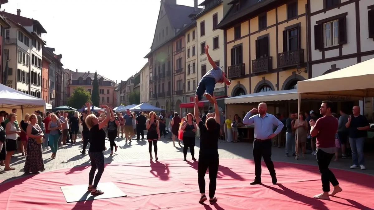 An image of the Akrolosa festival, with people practicing circus disciplines in the Zerkausi of Tolosa.