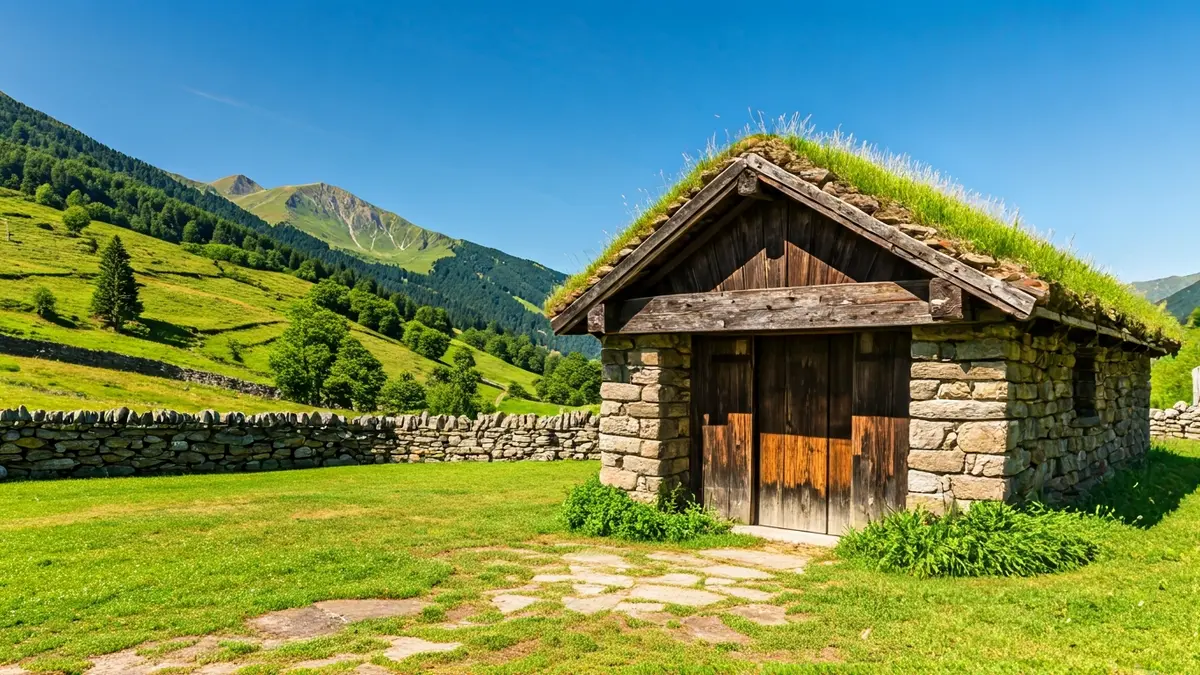 Choza pastoril tradicional en el paisaje montañoso de Aldamiñape, Zeanuri.