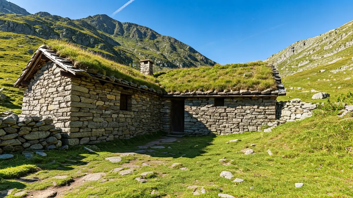 Artzain-txabola bat Gorbeia mendietan, harrizko hormekin eta belarrez estalitako teilatuarekin, ingurune menditsu batean.