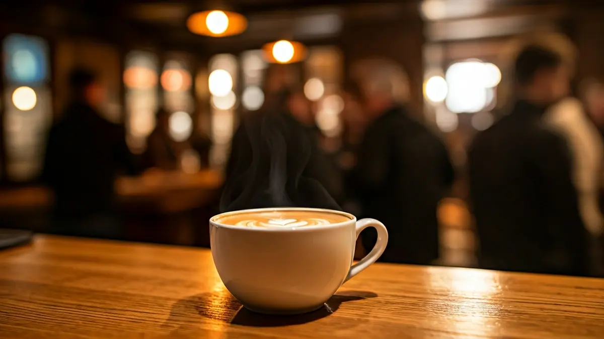 Irudi generikoa kafe-katilu baten hurbilekoa, apar-diseinu delikatua duena, egurrezko mostradore baten gainean.