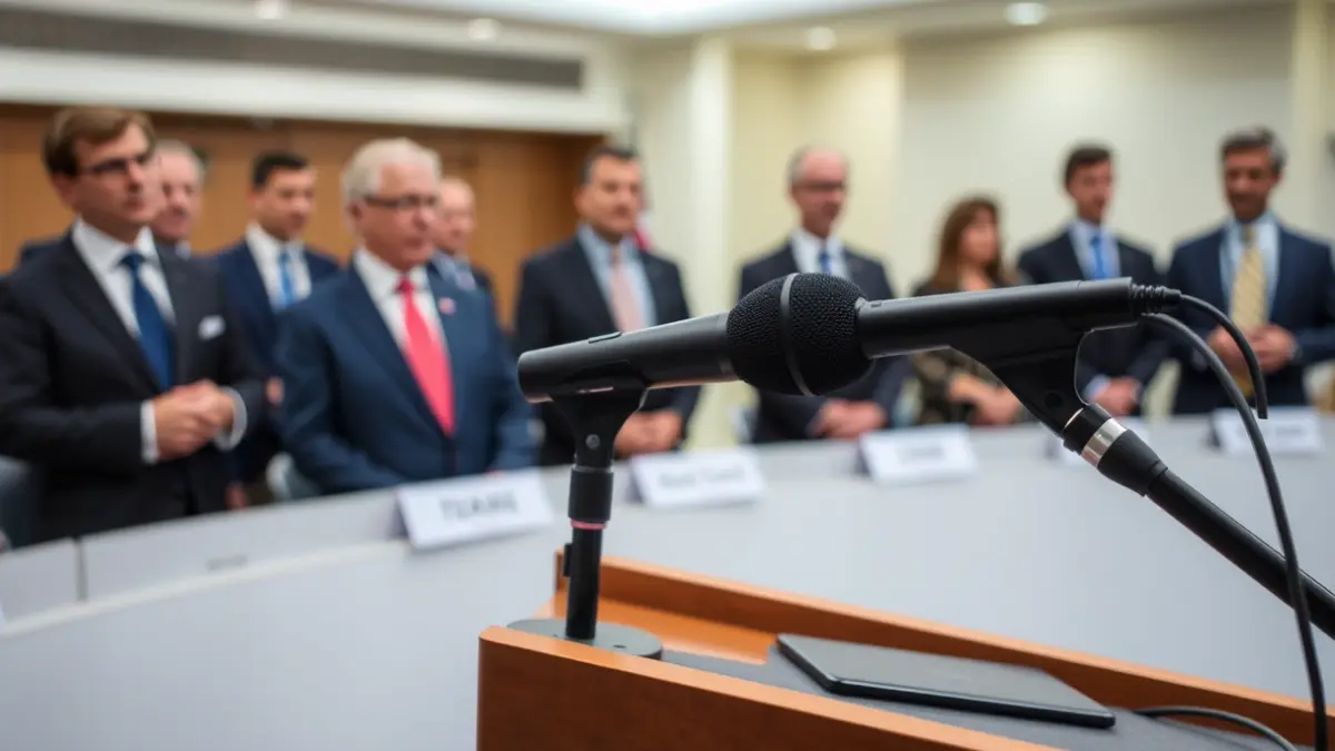 Un micrófono en un podio en un entorno formal, con figuras políticas difuminadas al fondo, representando una rueda de prensa o debate político.