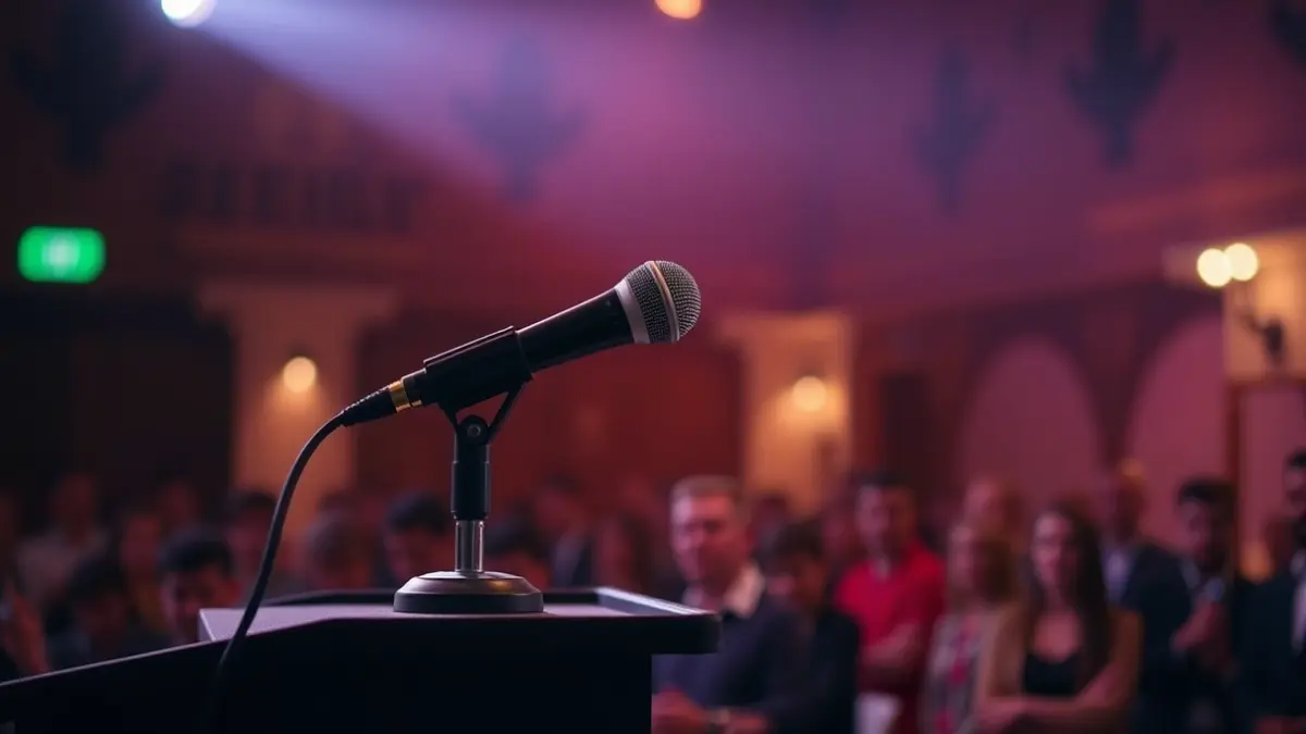 Generic image of a microphone on a small podium, with blurred audience in the background, suggesting a bertsolaritza competition.